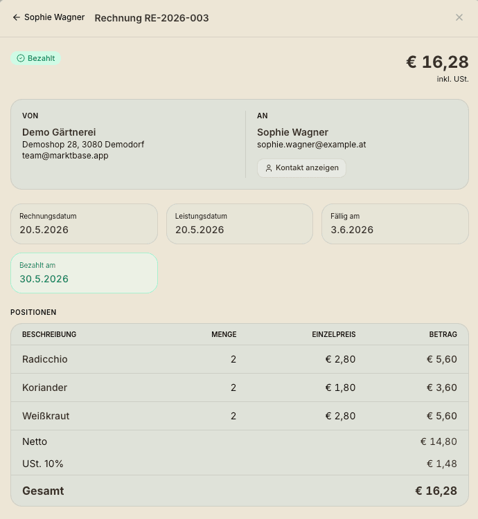 marktbase Dashboard: Rechnungen für