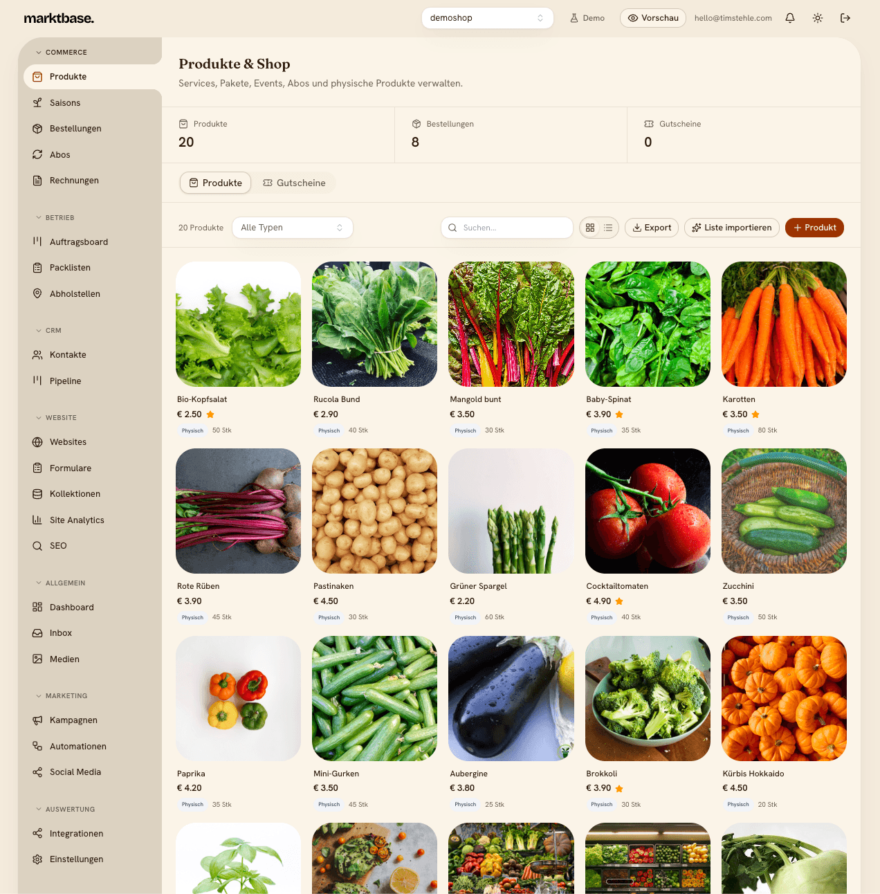 marktbase Dashboard. Produkte & Shop